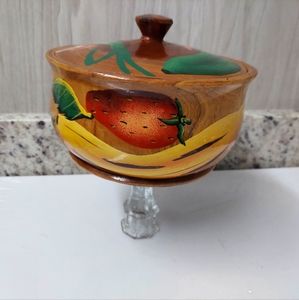 Carved Wooden Haiti Bowl With Cover Hand Painted